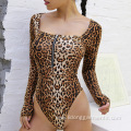 Long Sleeve Leopard Digital Printing Zipper Swimwear